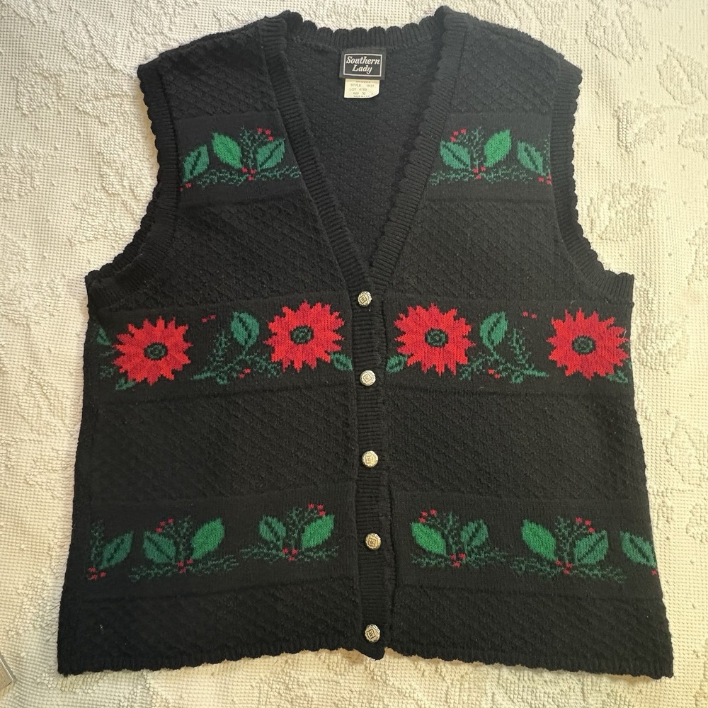 Southern Lady Med Christmas Sweater Vest Grandma‎ Cottage Core Poinsettia Holly